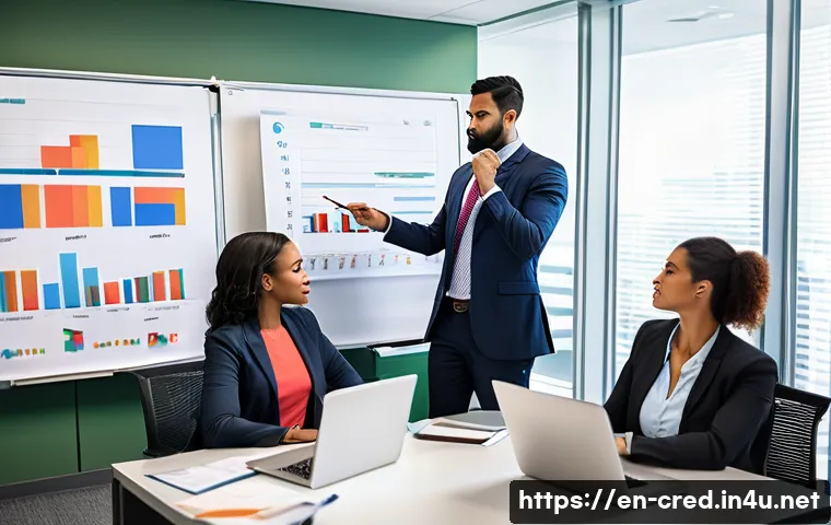 신용분석사 시험 중 발생하는 실수와 해결법 - A professional office scene showing a diverse group of business analysts gathered around a large con...