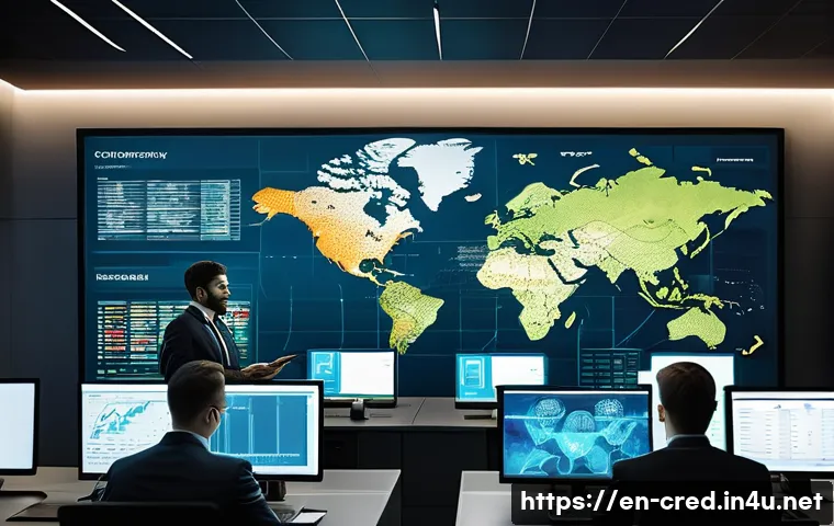신용분석사와 고객 데이터 보안 - A modern financial office scene showing a diverse team of credit analysts working collaboratively on...