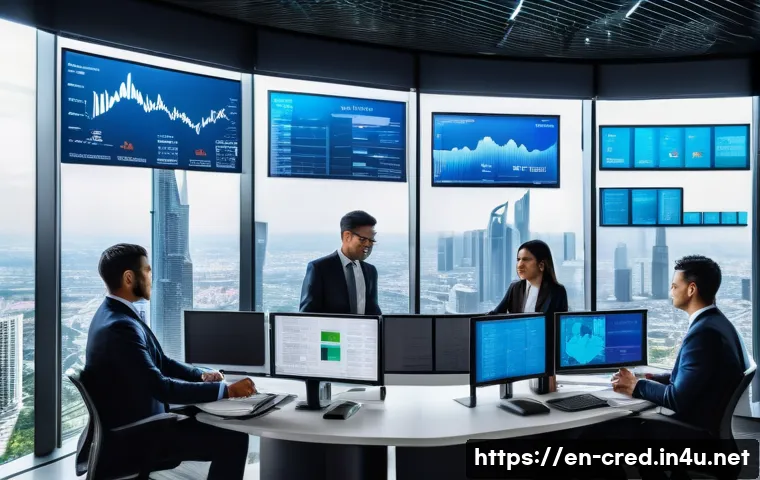 신용분석사 해외 취업 가능성 - A modern international finance office setting showing a diverse group of professional credit analyst...