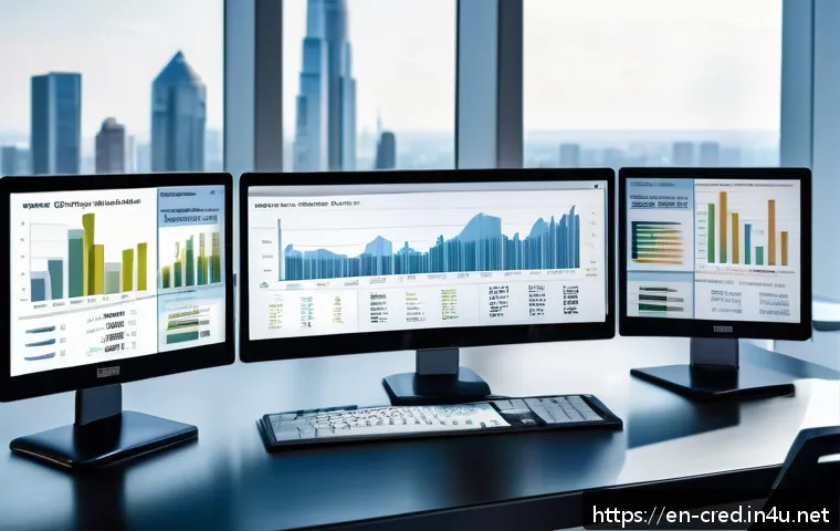 신용분석사로서의 전문성 쌓기 - A professional credit analyst&rsquo;s modern office workspace featuring multiple high-resolution computer ...