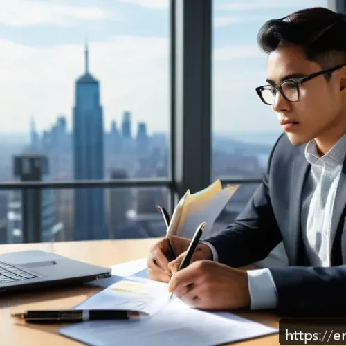 Home 31 신용분석사 자격증 시험 날짜 및 일정 - A focused professional sitting at a modern office desk during daytime, surrounded by study materials...