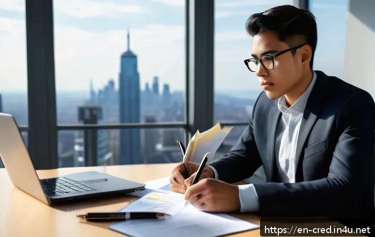 신용분석사 자격증 시험 날짜 및 일정 - A focused professional sitting at a modern office desk during daytime, surrounded by study materials...
