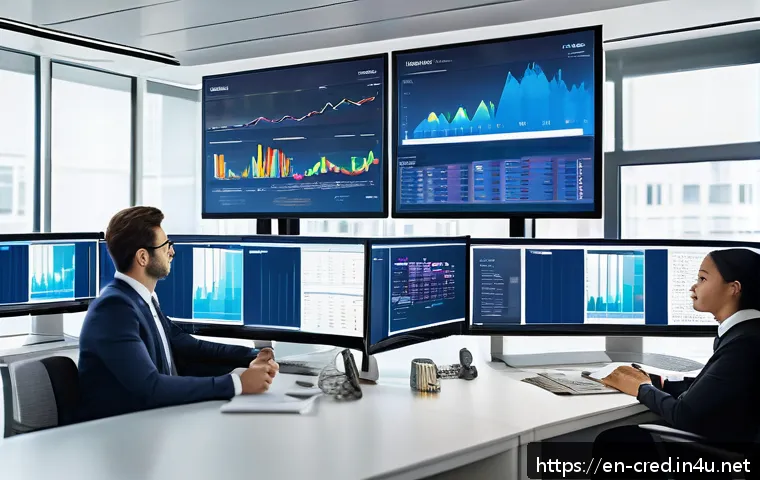 신용분석사 실무에서 활용되는 주요 스킬 - A modern corporate office scene showing a diverse team of financial analysts examining large digital...