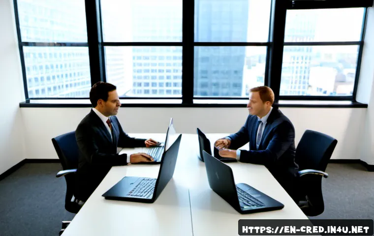 신용분석사 경력자 연봉 비교 - Photorealistic corporate salary comparison scene in a modern American financial office, two experien...